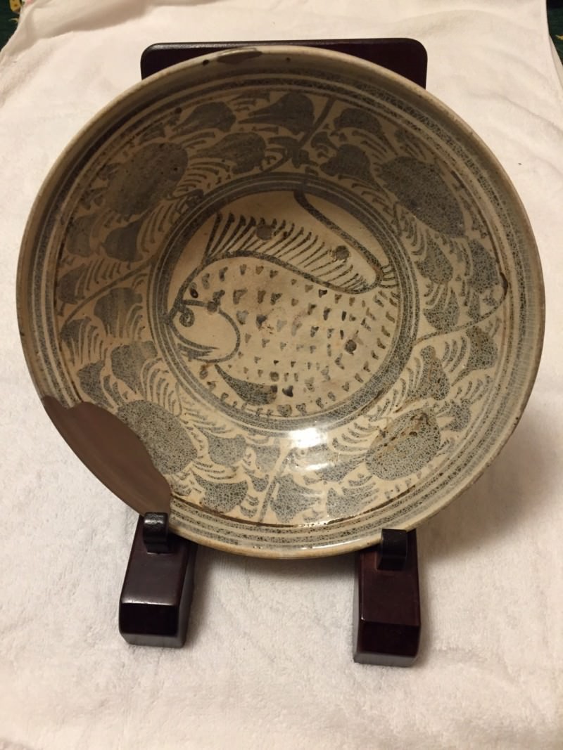 茶道具 古物品 唐物 菓子器 スコタイ 鉄絵 魚紋